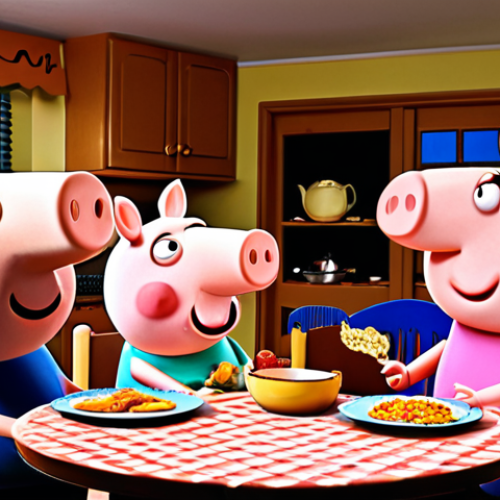 Home 22 **Prompt 1: Peppa Pig Family Dinner Table.**
* **Keywords:** *Peppa Pig, family dinner, Daddy Pig, Mummy Pig, Peppa, George, warm lighting, cozy kitchen, balanced meal, conversation, diverse representation, modern family.* (Aims for a scene showing the family eating, emphasizing a balance of parental roles and perhaps subtly challenging gendered expectations).