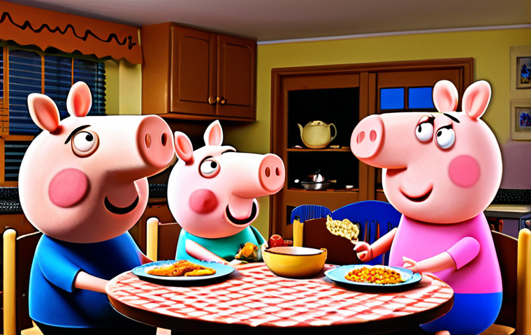 **Prompt 1: Peppa Pig Family Dinner Table.**
    *   **Keywords:** *Peppa Pig, family dinner, Daddy Pig, Mummy Pig, Peppa, George, warm lighting, cozy kitchen, balanced meal, conversation, diverse representation, modern family.*  (Aims for a scene showing the family eating, emphasizing a balance of parental roles and perhaps subtly challenging gendered expectations).