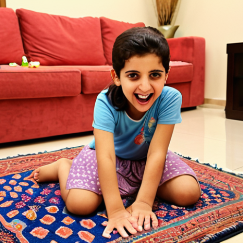 Home 21 **Positive Impact and Imaginative Play in an Arab Home:**
A heartwarming scene inside a modern Arab family home. Two joyful Arab children, a boy and a girl (ages 4-6), are animatedly playing on a plush rug. The girl is giggling as she pretends to jump into an imaginary "muddy puddle" on the living room floor, her hands outstretched in excitement, while the boy watches her with a happy, curious expression, perhaps holding a small toy. In the background, their smiling Arab parents observe them, with a tablet or TV screen subtly displaying a paused "Peppa Pig" episode. The room features elements of traditional Arabic decor such as geometric patterned cushions or framed Islamic calligraphy, blending modern family life with cultural warmth. The lighting is warm and bright, emphasizing joy and the power of imaginative play stimulated by media. Style: Realistic with a touch of charming, soft focus.
