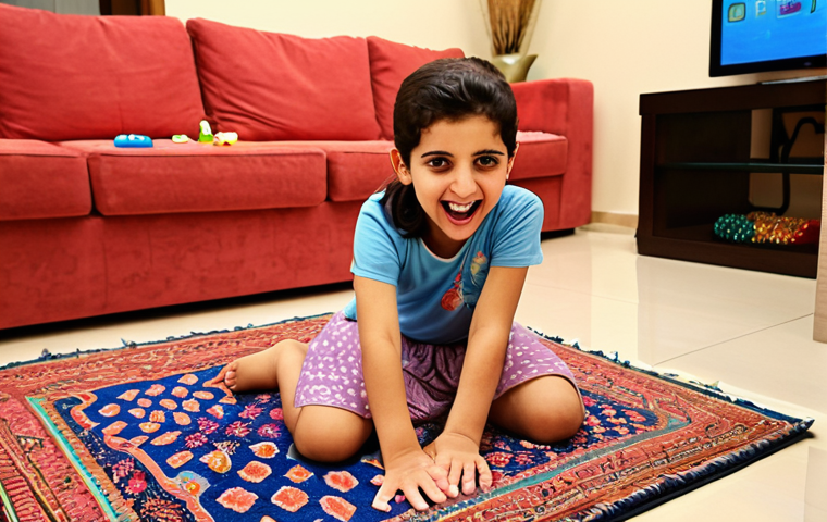 **Positive Impact and Imaginative Play in an Arab Home:**
    A heartwarming scene inside a modern Arab family home. Two joyful Arab children, a boy and a girl (ages 4-6), are animatedly playing on a plush rug. The girl is giggling as she pretends to jump into an imaginary "muddy puddle" on the living room floor, her hands outstretched in excitement, while the boy watches her with a happy, curious expression, perhaps holding a small toy. In the background, their smiling Arab parents observe them, with a tablet or TV screen subtly displaying a paused "Peppa Pig" episode. The room features elements of traditional Arabic decor such as geometric patterned cushions or framed Islamic calligraphy, blending modern family life with cultural warmth. The lighting is warm and bright, emphasizing joy and the power of imaginative play stimulated by media. Style: Realistic with a touch of charming, soft focus.