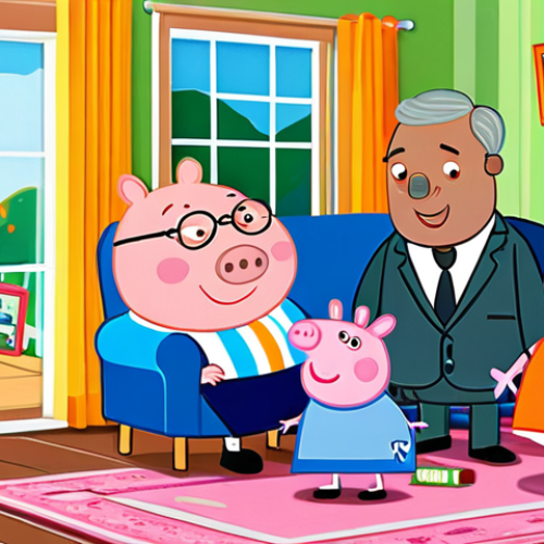 Home 20 Peppa Pig Family Scene**
"A heartwarming family scene featuring Peppa Pig, George Pig, Mummy Pig, and Daddy Pig in their colorful house. Peppa and George are fully clothed in their signature outfits, engaging in a playful activity with their parents. The background shows a cozy living room setting with toys and books. Safe for work, appropriate content, fully clothed, professional illustration, perfect anatomy, natural proportions, family-friendly."
**