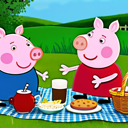 Home 11 Peppa Pig Family Picnic**
"A family-friendly scene of Peppa Pig, George, Mummy Pig, and Daddy Pig enjoying a picnic in a lush green meadow. They are fully clothed in modest, cheerful outfits. There's a checkered blanket spread out with a basket of food and drinks. Safe for work, appropriate content, perfect anatomy, correct proportions, natural pose, professional, high quality."
**