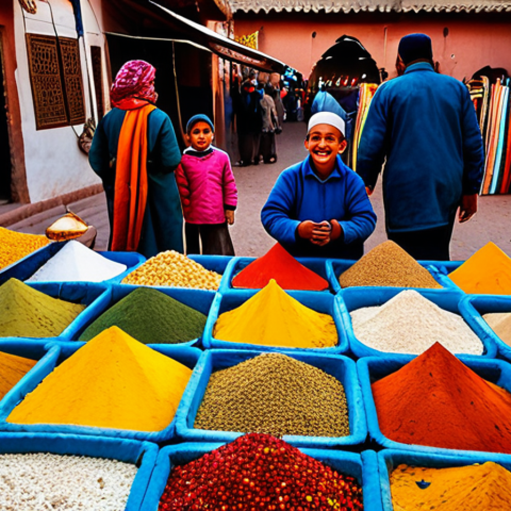 **

"A bustling marketplace in Marrakech, Morocco. Vendors in traditional, colorful clothing sell spices, carpets, and lanterns. Children laugh and play. Warm sunlight, vibrant colors, safe for work, appropriate content, fully clothed, family-friendly, professional photography, perfect anatomy, correct proportions, natural pose."

**