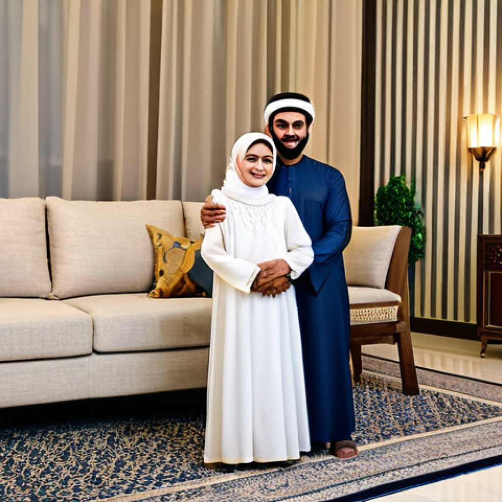 페파피그 유튜브 채널 콘텐츠 - Modern Arab Family Scene**
"A warm and inviting scene of an Arab family (father, mother, and two ch...
