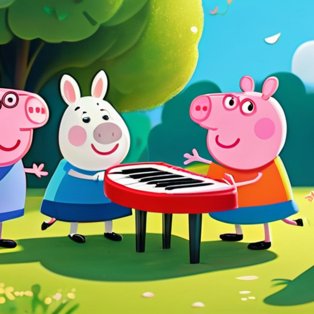 페파피그 배경 음악 제작 스토리 - **Prompt:** A vibrant and cheerful scene featuring Peppa Pig and her friends (George Pig, Suzy Sheep...