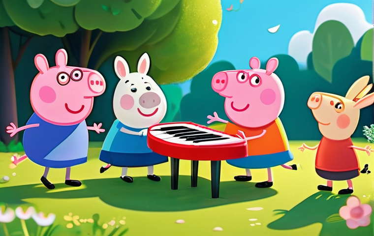 페파피그 배경 음악 제작 스토리 - **Prompt:** A vibrant and cheerful scene featuring Peppa Pig and her friends (George Pig, Suzy Sheep...