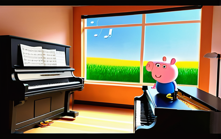 페파피그 배경 음악 제작 스토리 - **Prompt:** A vibrant and cheerful scene featuring Peppa Pig and her friends (George Pig, Suzy Sheep...