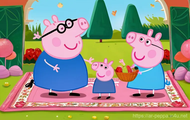 페파피그 문화 간 수용 사례 - Prompt 1: Peppa's Family Picnic in an Arab Garden**