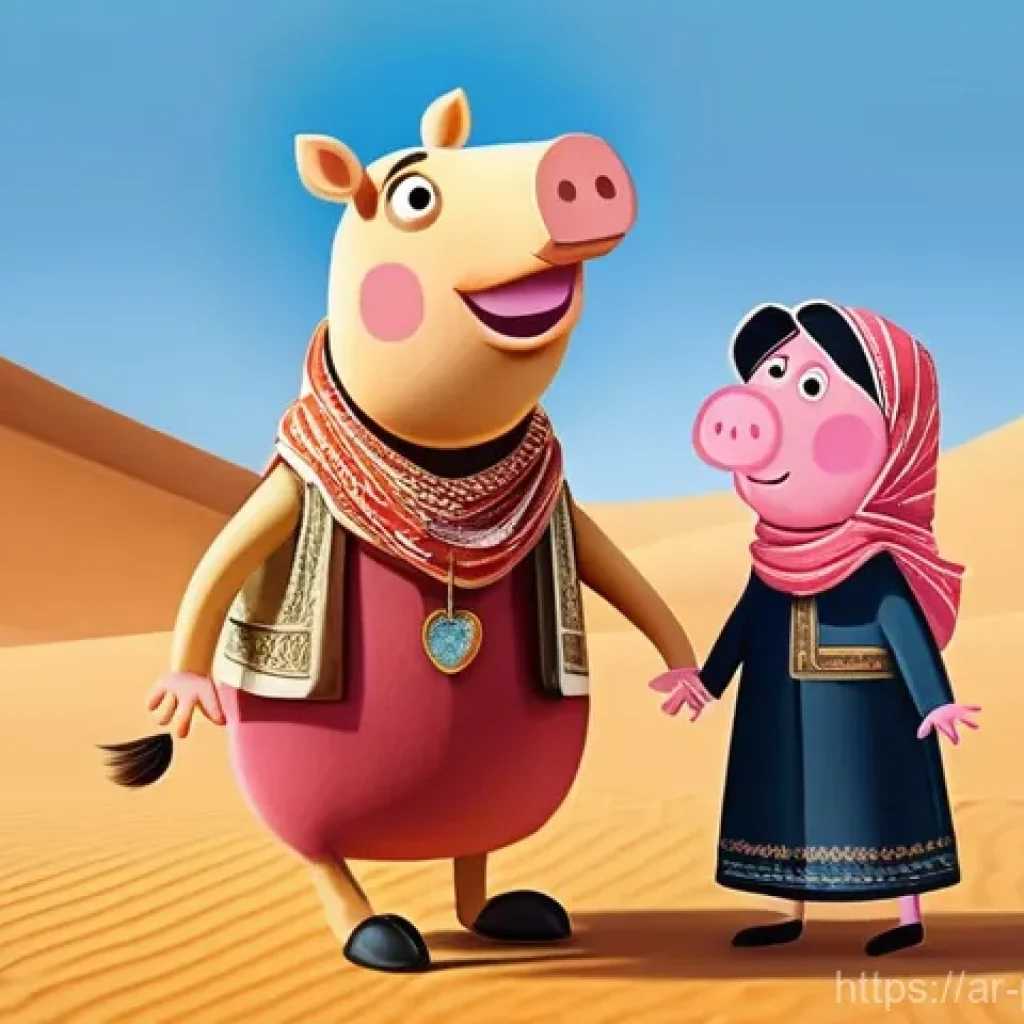 페파피그 세계관 확장 가능성 - **Peppa Pig's Desert Adventure:**
    "A vibrant, cartoon-style illustration of Peppa Pig and George...