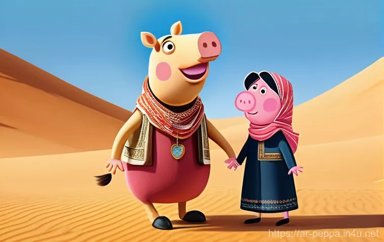 페파피그 세계관 확장 가능성 - **Peppa Pig's Desert Adventure:**
    "A vibrant, cartoon-style illustration of Peppa Pig and George...