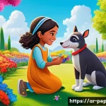 페파피그 교육 방송으로서의 가치 - A vibrant outdoor scene featuring a young Arab girl and boy playing together in a colorful garden fi...