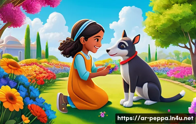 페파피그 교육 방송으로서의 가치 - A vibrant outdoor scene featuring a young Arab girl and boy playing together in a colorful garden fi...