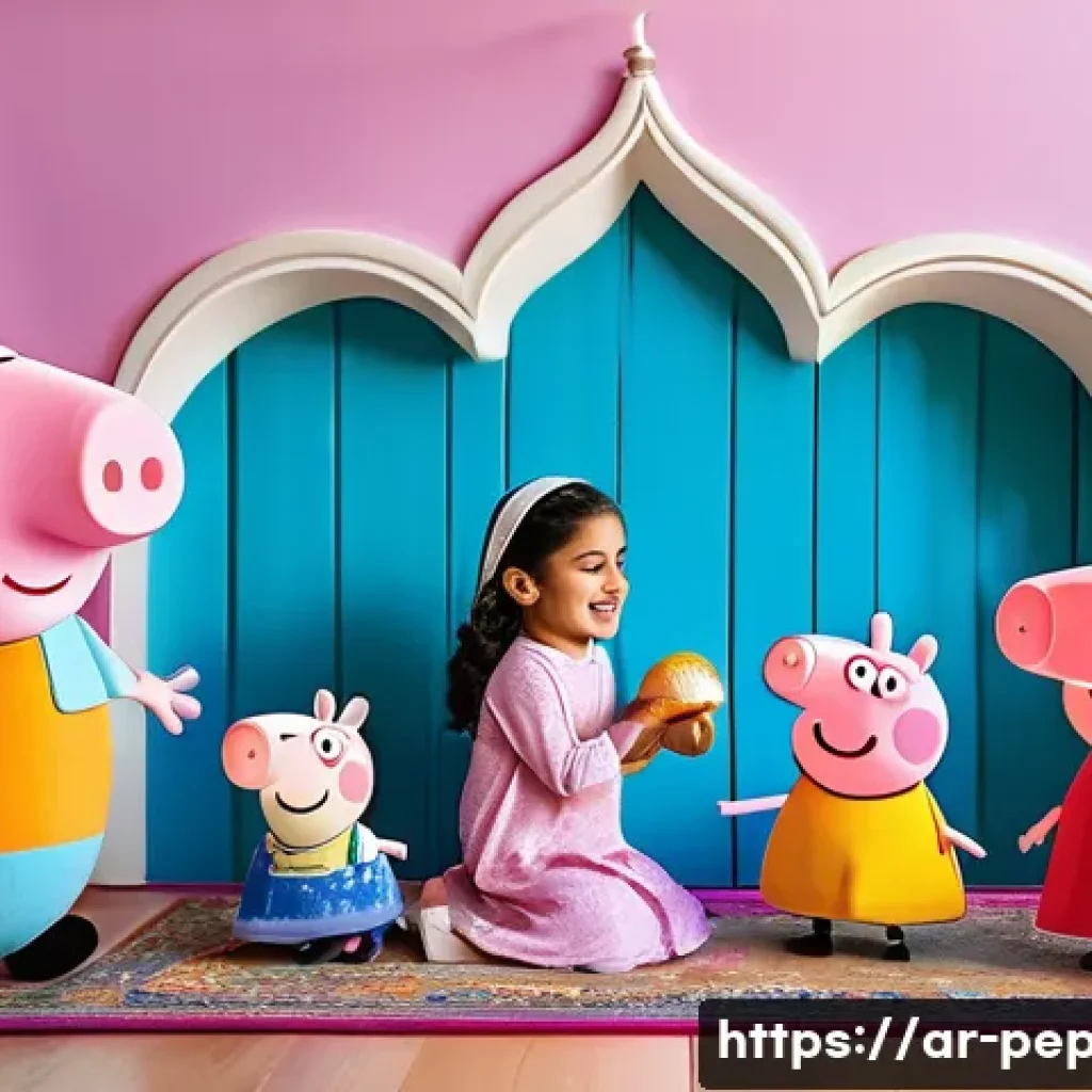 페파피그 팬아트 및 팬덤 - A vibrant and heartwarming family scene set in a cozy Arabic living room, featuring a young girl wea...
