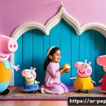 페파피그 팬아트 및 팬덤 - A vibrant and heartwarming family scene set in a cozy Arabic living room, featuring a young girl wea...