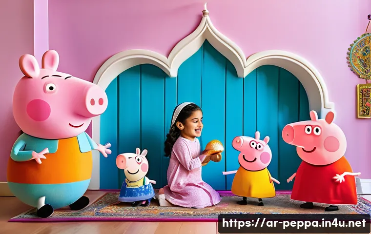 페파피그 팬아트 및 팬덤 - A vibrant and heartwarming family scene set in a cozy Arabic living room, featuring a young girl wea...