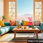 페파피그 아빠 피그 유머 요소 - A cheerful cartoon father character inspired by Peppa Pig, wearing casual clothes and interacting pl...