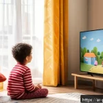 페파피그 영어 학습 자료 - A cheerful Arabic family scene at home, a mother and her young child sitting together watching Peppa...