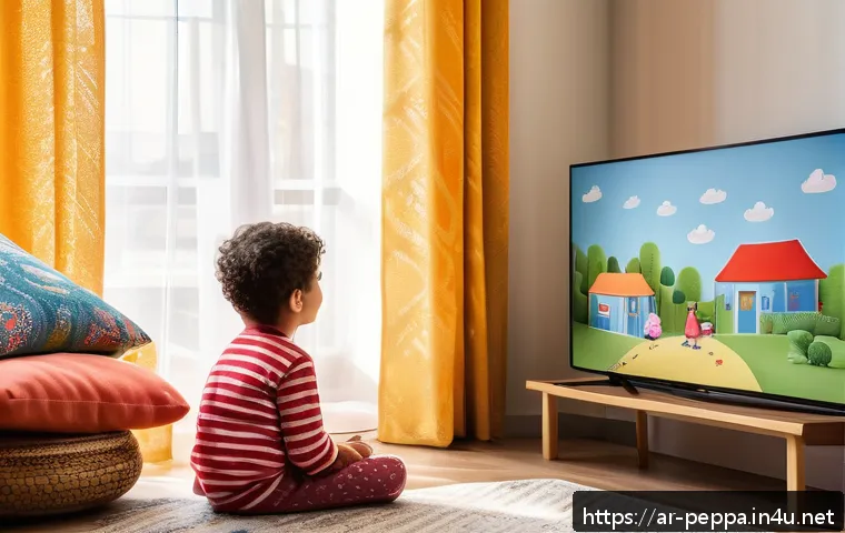페파피그 영어 학습 자료 - A cheerful Arabic family scene at home, a mother and her young child sitting together watching Peppa...