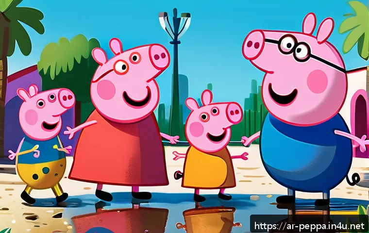 페파피그 유머 코드 분석 - A colorful and lively scene of Peppa Pig and her family enjoying a sunny day at a bustling park in a...