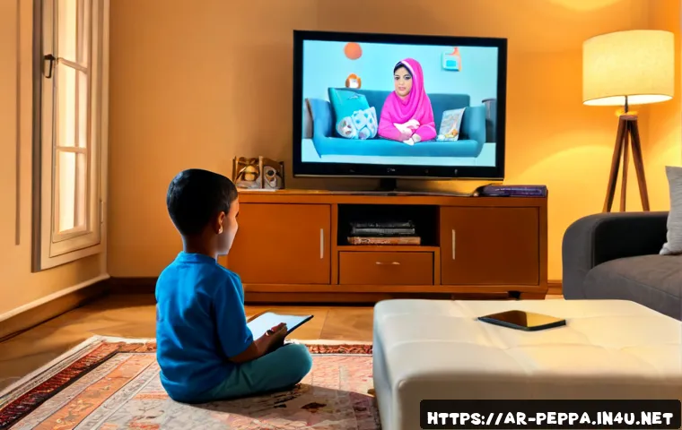 Home 17 페파피그 에피소드별 리뷰 - Photorealistic cozy family living room in an Arab home, a mother and young child wearing modest casu...